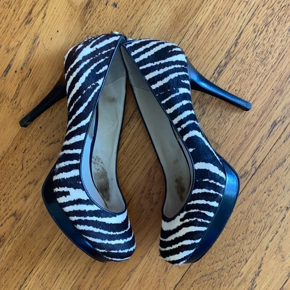 Michael Kors Black and White Zebra Print IONNA Slip On Platform Heels Pumps 6.5